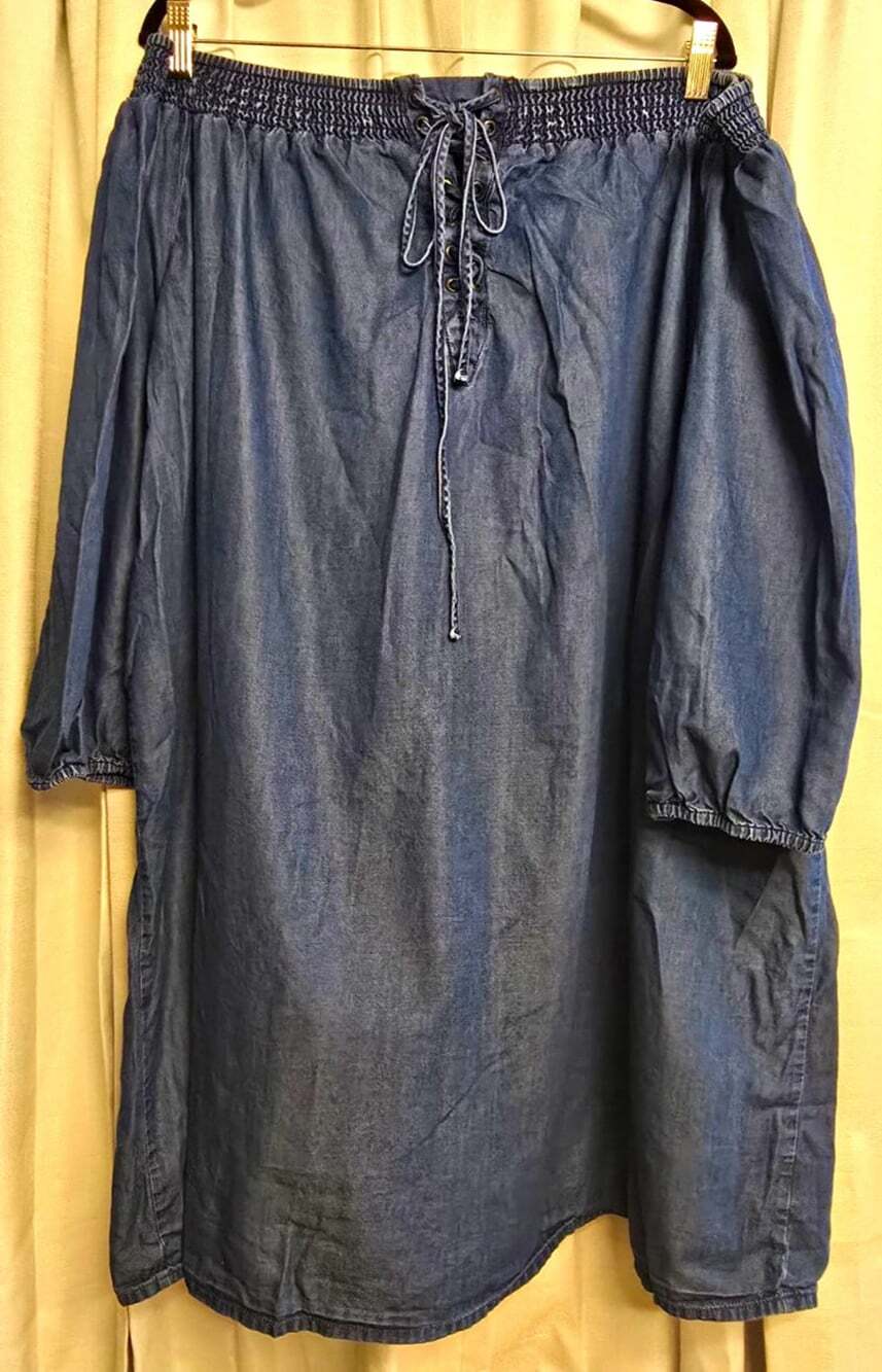 Boutique Women's Plus 3X Blue Denim Off Shoulder Peasant Boho 3/4 Puff Blouse